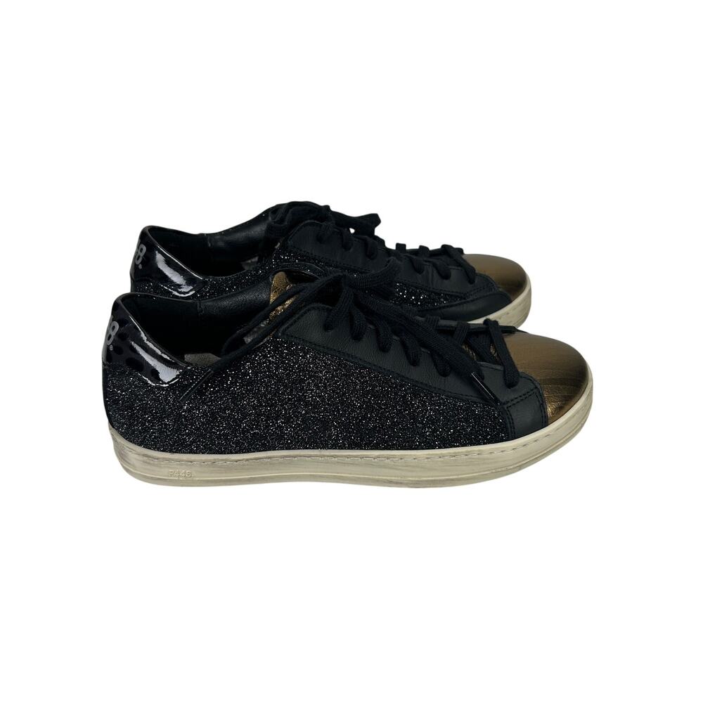 P448 John Glitter Black Gold Low Top Casual Sneakers Womens Size 36 / US 6